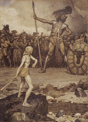 David and Goliath, a colour lithograph by Osma...